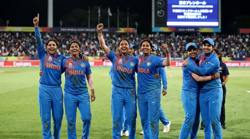 Indian women's cricket team players in blue uniforms celebrating on the field with raised arms.
