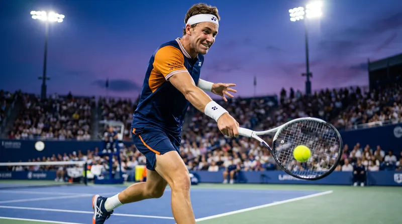 Holger Rune hits a forehand during a tennis match on a hard court.