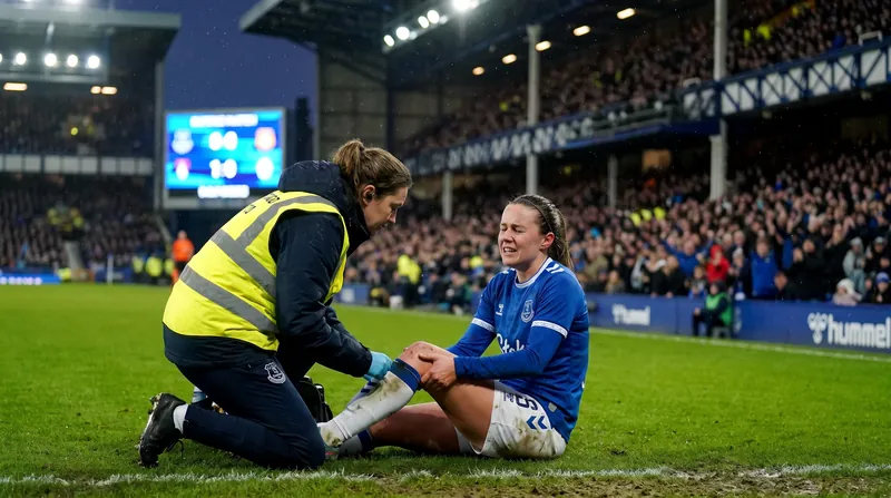 A female football player sits on the grass holding her knee while a medical professional examines her leg.