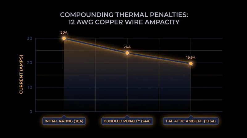 How the combination of wire bundling and high ambient heat can drop a 12-gauge wire's capacity below the 20-amp threshold.
