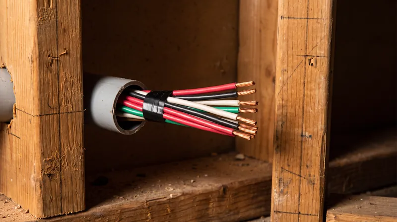 A close-up view of multiple brightly colored electrical wires tightly bundled together inside a grey PVC conduit.