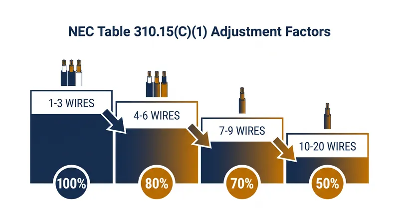 The National Electrical Code mandates strict capacity reductions as the number of bundled wires increases.