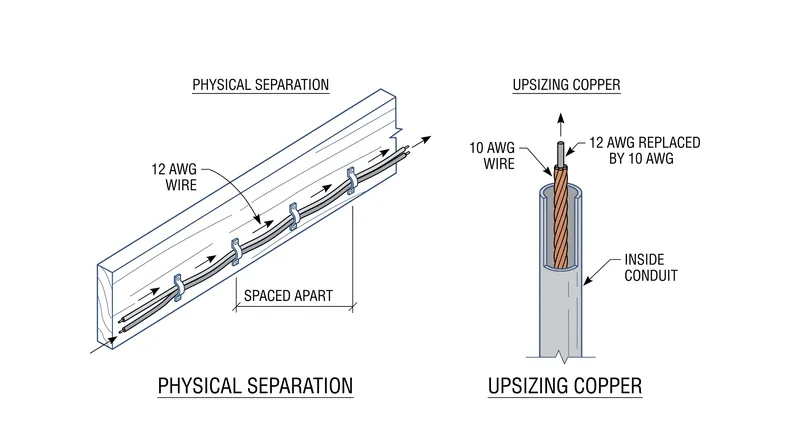 Electricians avoid the bundling penalty by either physically separating the circuits or installing thicker, higher-capacity copper.