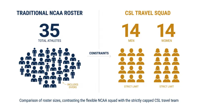 To compete in the CSL, coaches must trim their sprawling collegiate squads down to highly specialized 14-athlete travel rosters.