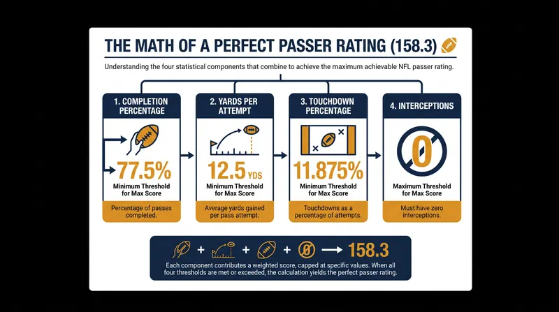 To achieve a perfect 158.3 rating, a quarterback must hit specific statistical thresholds in all four categories.