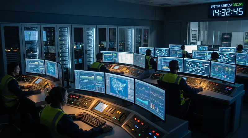 A complex industrial control room with multiple operators monitoring illuminated screens and panels.