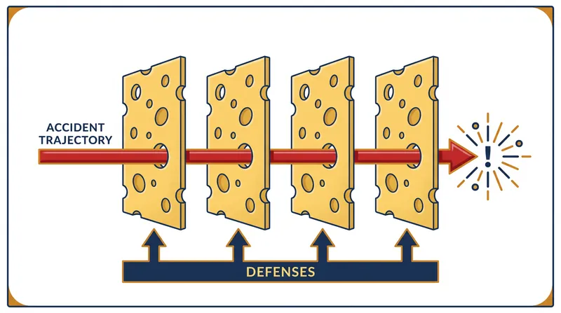 A disaster occurs when latent conditions and active failures align, allowing an error to pass through every layer of defense.