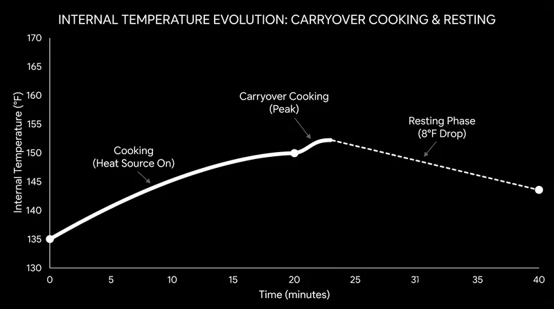 The internal temperature continues to rise after the meat is removed from the heat, before slowly dropping to create a pressure vacuum.
