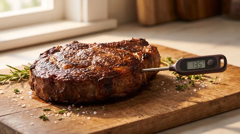 A thick grilled ribeye steak resting on a wooden cutting board with a digital thermometer probe inserted.