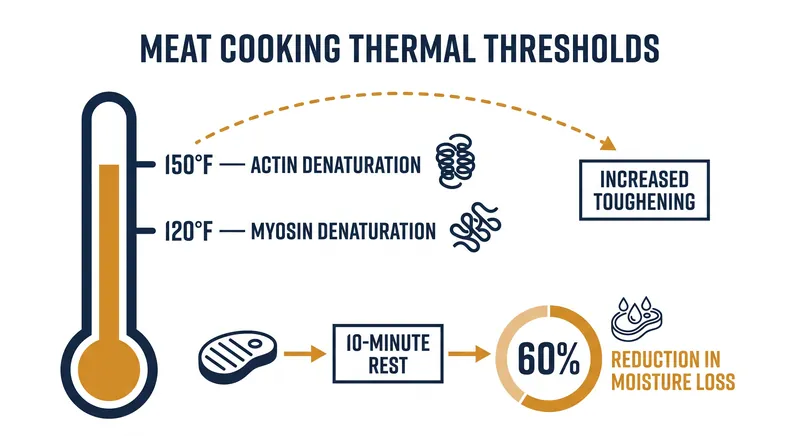 Muscle proteins react to specific temperature thresholds, dictating when moisture is expelled and reabsorbed.