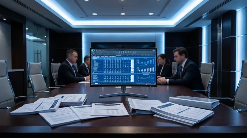 A high-end corporate boardroom with financial documents and a glowing digital terminal displaying private equity buyout models.