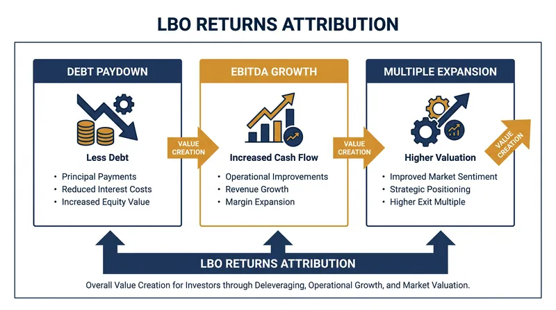 The three core drivers of value creation in a leveraged buyout.
