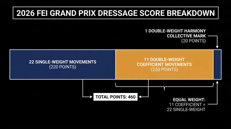 In the 33-movement Grand Prix test, the 11 coefficient-weighted movements account for nearly half of the total available points.