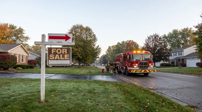 A suburban street with a real estate sign in the foreground and a municipal fire engine in the background.