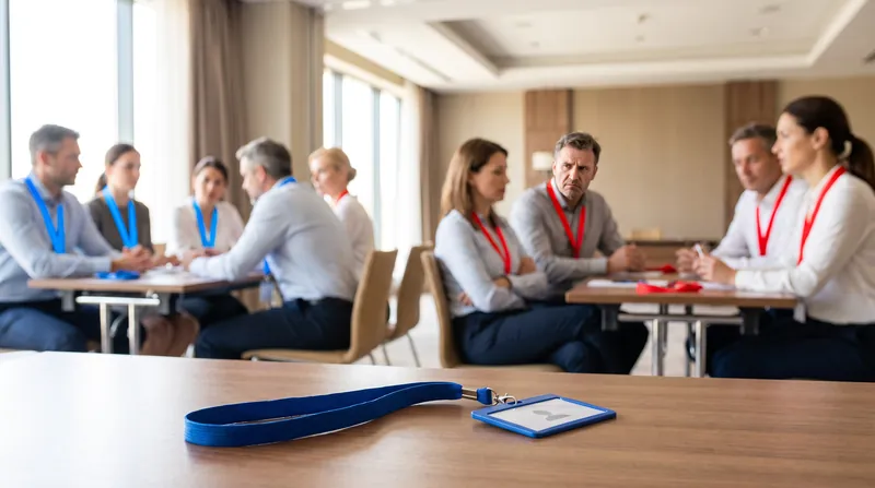 Two groups of people sitting at separate tables wearing distinct blue and red lanyards.