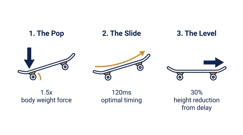 The mechanical sequence of an ollie relies on precise timing between the rear foot's impulse and the front foot's frictional drag.