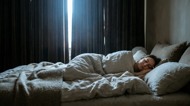 A person sleeping peacefully in a dark room with soft morning light filtering through curtains.