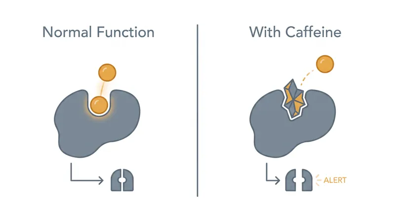 Caffeine prevents the brain from registering sleep pressure by physically blocking adenosine receptors.