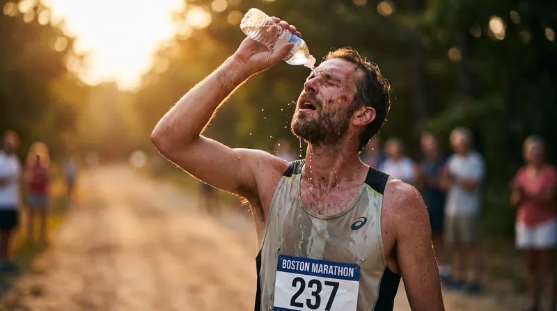 A tired athlete pouring water over their head and drinking from a bottle after a strenuous run.