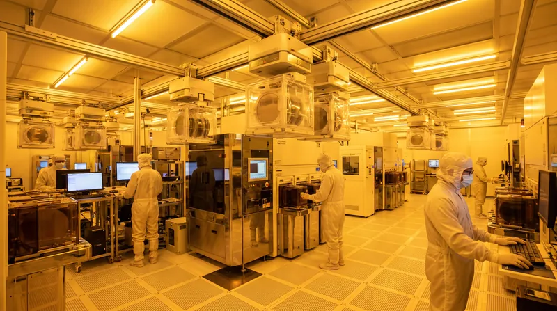 A sterile, brightly lit semiconductor manufacturing cleanroom in Taiwan with automated overhead transport systems carrying silicon wafers.