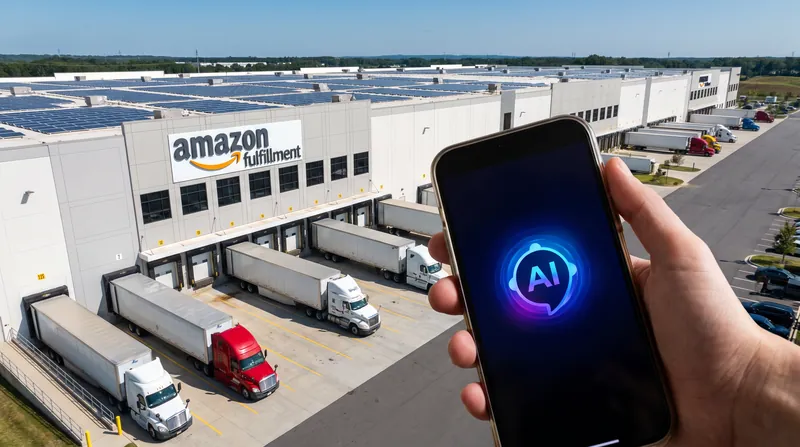 A smartphone displaying an AI logo held up against the backdrop of an Amazon fulfillment center.