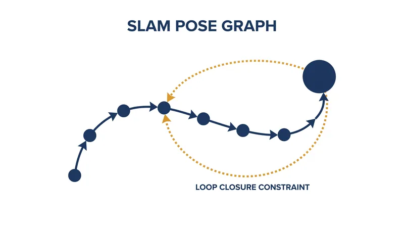 A pose graph represents the robot's trajectory, with loop closures acting as mathematical constraints that tie the current position back to a known historical location.