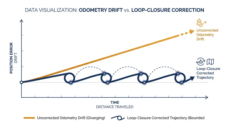 Without loop closure, odometry drift accumulates linearly over distance. Loop closure events retroactively eliminate this error, bounding the total drift.