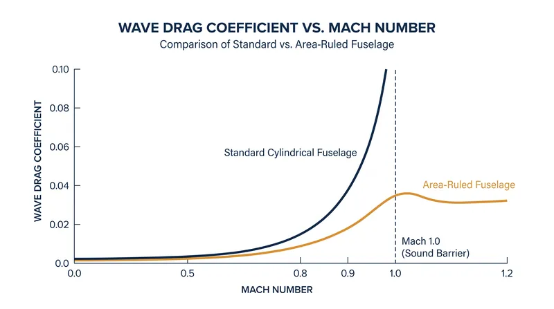 Fuselage indentation significantly reduces the wave drag spike near the speed of sound.