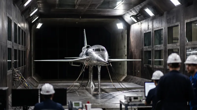A sleek, wasp-waisted aircraft model positioned inside a high-speed wind tunnel for aerodynamic testing.