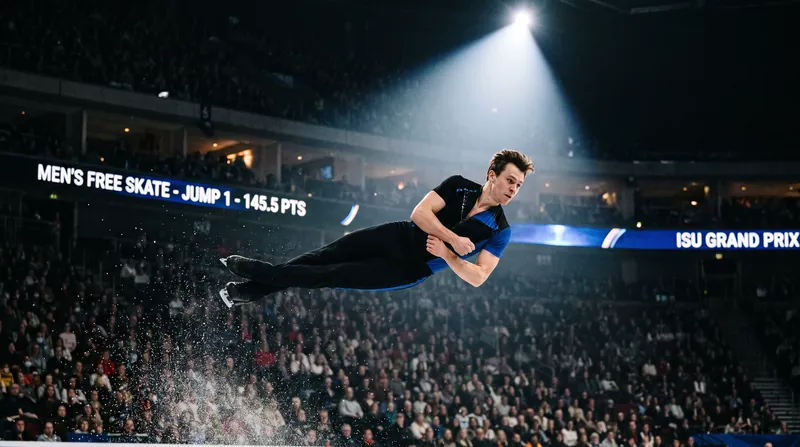 A figure skater in mid-air performing a jump in a brightly lit competition arena.