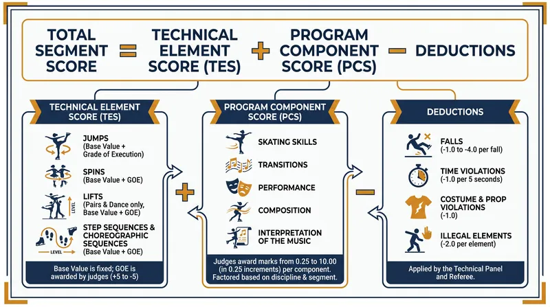 The Total Segment Score combines technical difficulty, artistic presentation, and penalty deductions.