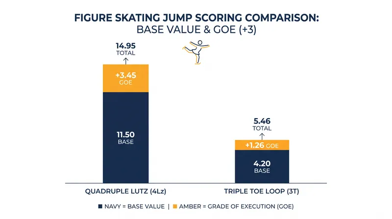 The Grade of Execution (GOE) is applied proportionally, meaning harder elements yield larger point bonuses for good execution.