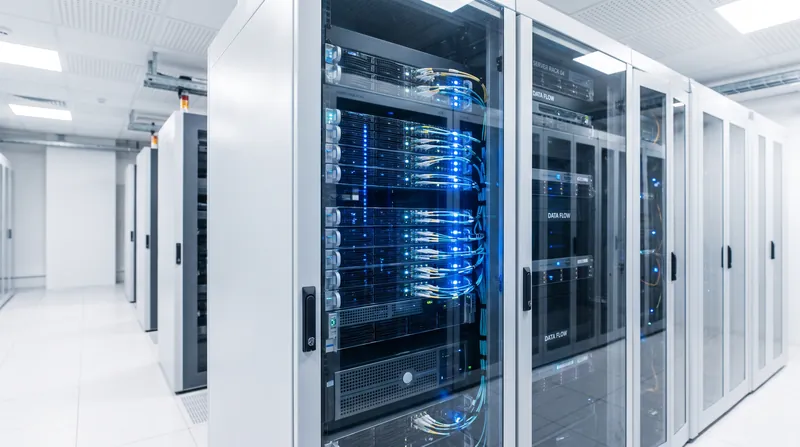 A modern server rack inside a brightly lit data center with glowing blue and white LEDs.