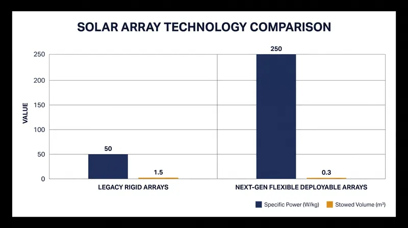 Flexible thin-film arrays offer a significantly higher mass-to-power ratio than legacy rigid panels.