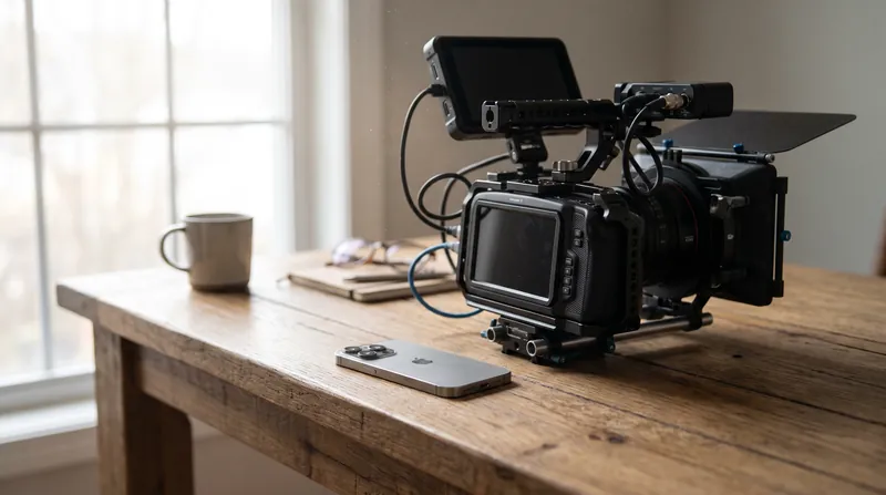 An iPhone 18 Pro resting on a clean wooden desk next to a professional camera rig, illuminated by soft natural lighting.