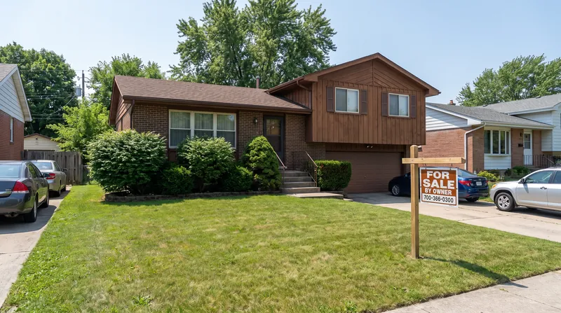 Exterior view of a 1970s American single-family brick starter home with a For Sale sign.