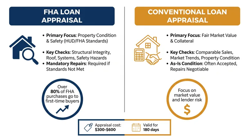 A comparison of FHA and conventional loan appraisal requirements.