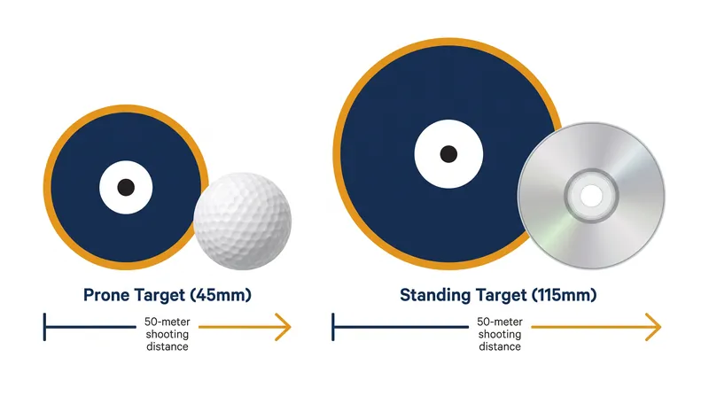 The 45mm prone target requires immense stability, while the larger 115mm standing target accounts for the lack of body support.