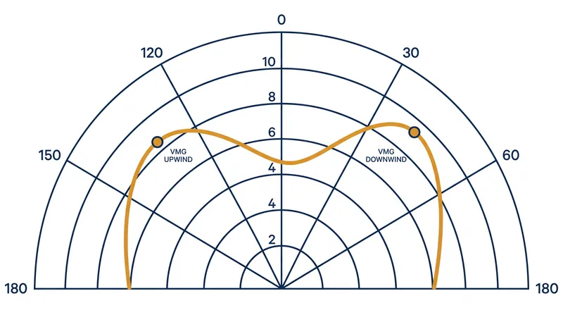 A polar diagram maps a boat's theoretical speed at every angle, revealing the exact headings that maximize VMG.
