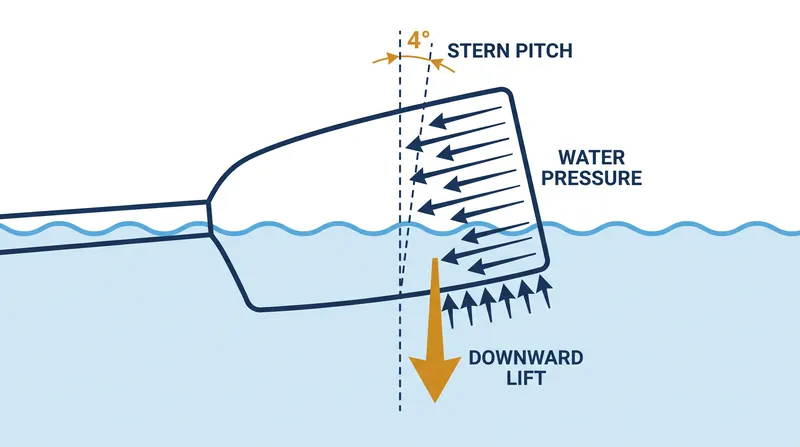 A 4-degree stern pitch counteracts upward water pressure, keeping the blade anchored at the correct depth.