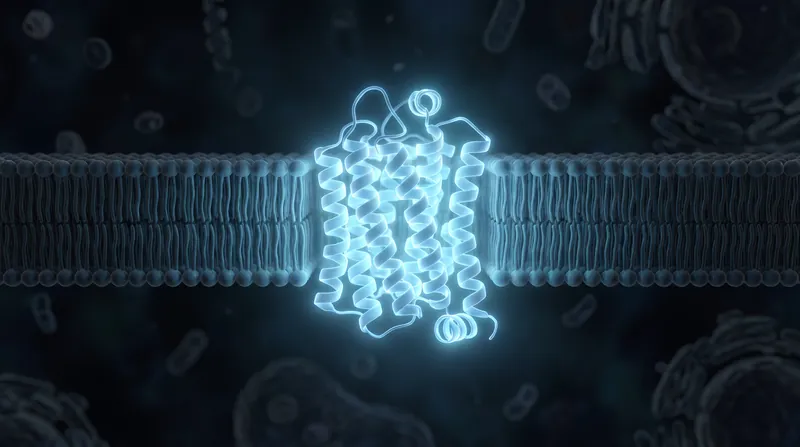 A highly detailed 3D rendering of a mu-opioid receptor embedded in a cell membrane, glowing blue.