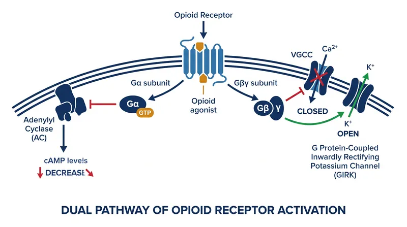 Opioids silence pain through two parallel pathways: metabolic suppression and electrical blockade.