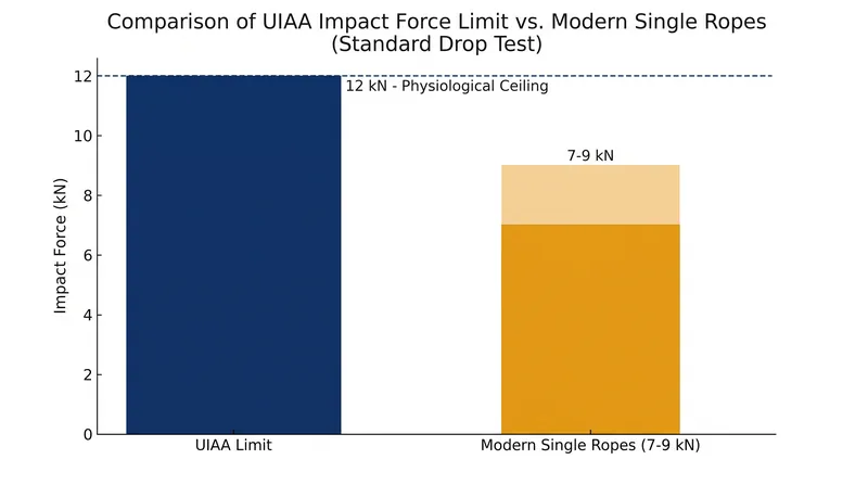 Modern dynamic ropes are engineered to keep peak impact forces well below the 12 kN physiological limit established by the UIAA.