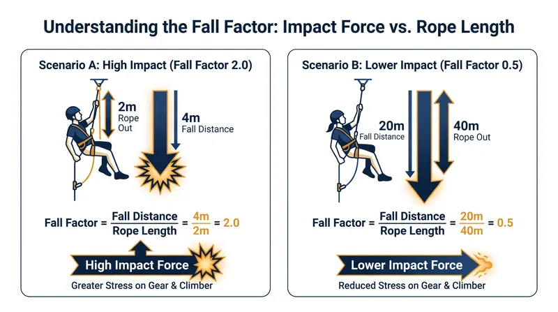 A short fall with little rope out generates a higher fall factor and greater impact force than a long fall with abundant rope in the system.