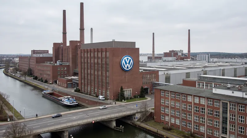 Exterior view of the massive brick Volkswagen manufacturing plant in Wolfsburg, Germany under an overcast sky.