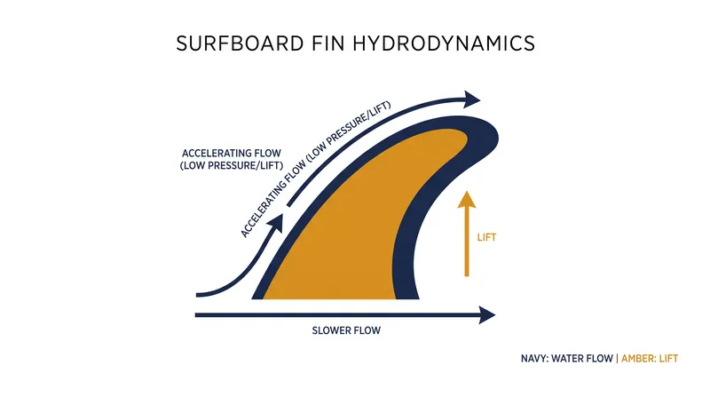 Fins operate identically to airplane wings, using a curved foil to generate a pressure gradient and lateral lift.