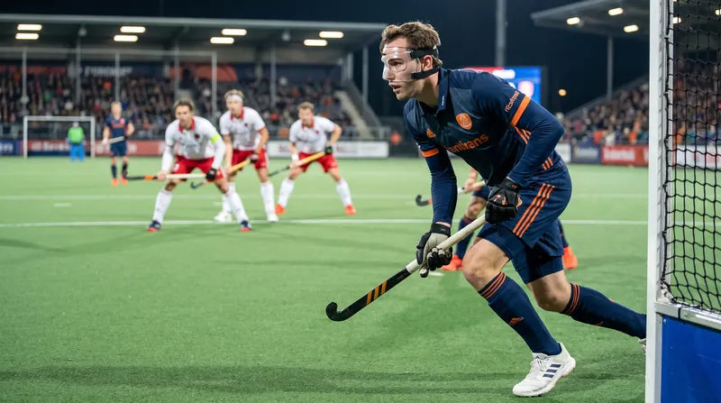 Defenders rely on specialized face masks and gloves to safely rush the shooter during a penalty corner.