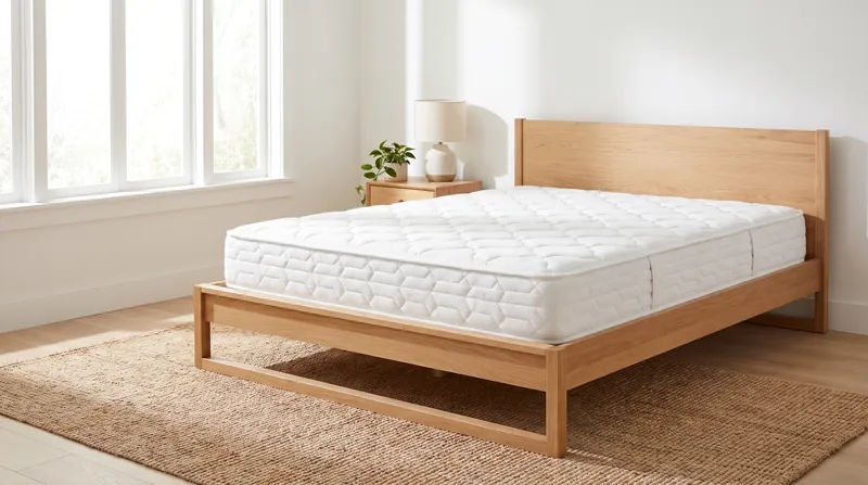 A white quilted mattress resting on a wooden bed frame in a brightly lit bedroom.
