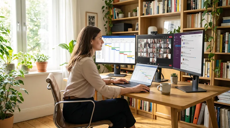 A professional remote worker sitting at a desk with multiple monitors displaying project management tools in a home office.