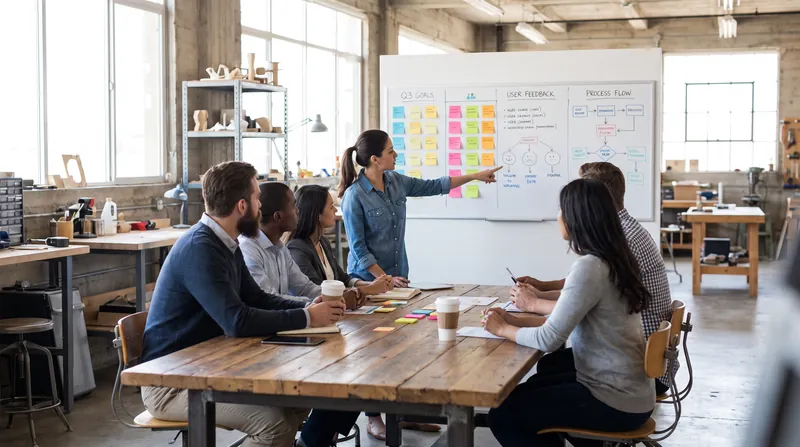 A group of professionals sit around a conference table looking at a whiteboard covered in sticky notes.